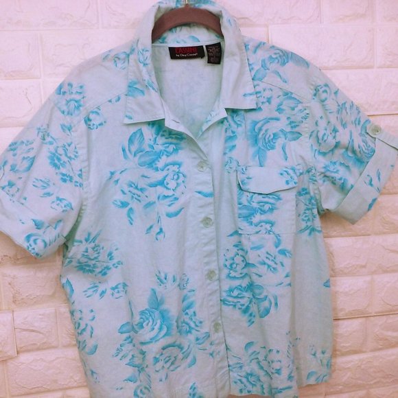 Y2K Cassini Linen Floral Blouse Sz-L Pocket SSL - Picture 4 of 10